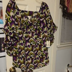 Terra & Sky Women's Multicolor Ruffle Sleeve Blouse